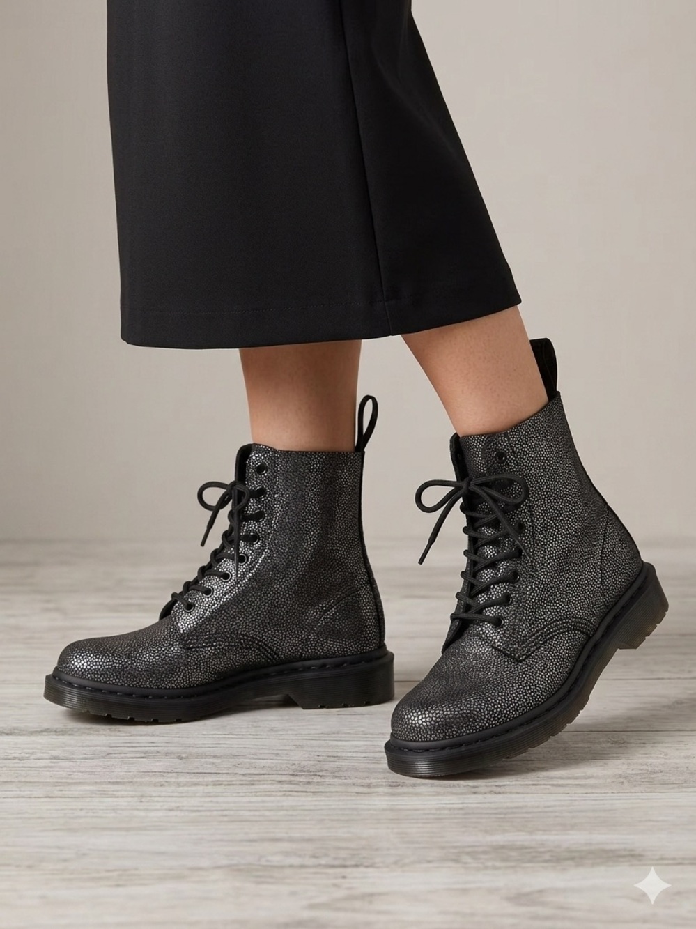 Dr. Martens 1460 Pascal Metallic Pebble Black Silver Lace Up Boots